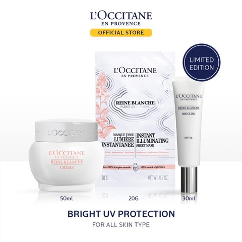 L'Occitane Reine Blanche Overnight Targeted Dark Spot, Instant Illuminating Sheet Mask, & Illuminating UV Shield SPF 50. Foto: Dok. L'Occitane