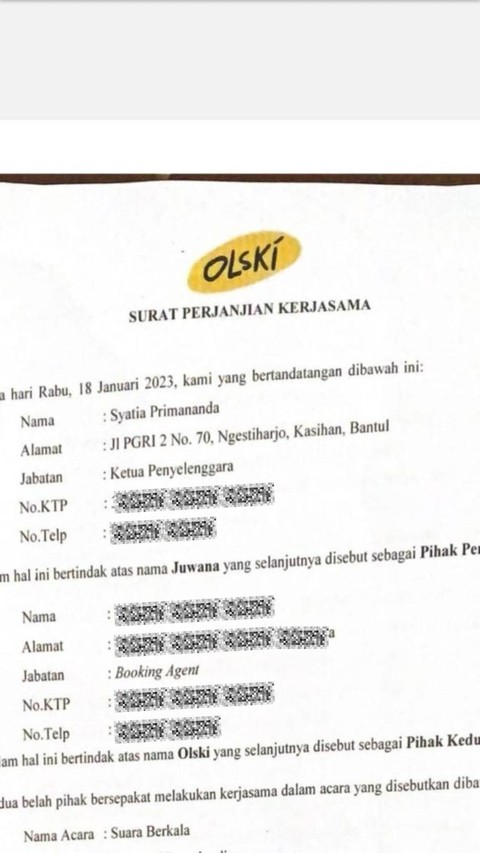 Surat perjanjian kerja sama antara penyelenggara Suara Berkala dengan salah satu pengisi acara. Foto: Istimewa