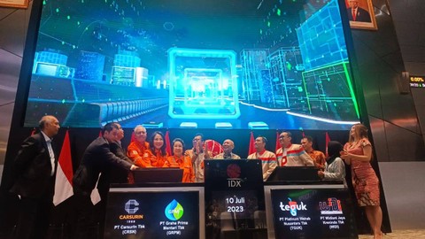 Pencatatan saham PT Carsurin Tbk (CRSN), PT Graha Prima Mentari Tbk (GRPM), PT Platinum Wahab Nusantara Tbk (TGUK) dan PT Widiant Jaya Krenindo Tbk (WIDI).  Foto: Ghinaa Rahmatika/kumparan