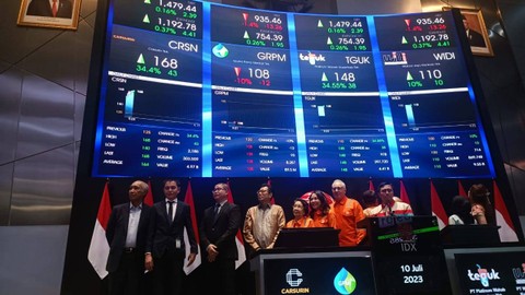 Pencatatan saham PT Carsurin Tbk (CRSN), PT Graha Prima Mentari Tbk (GRPM), PT Platinum Wahab Nusantara Tbk (TGUK) dan PT Widiant Jaya Krenindo Tbk (WIDI).  Foto: Ghinaa Rahmatika/kumparan