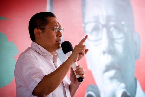 Ketua Umum Partai Kebangkitan Nusantara (PKN), Anas Urbaningrum, menyampaikan pidato politik di Monumen Nasional (Monas), Jakarta, pada Sabtu (15/7/2023). Foto: Jamal Ramadhan/kumparan