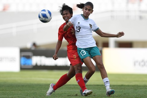 Pesepak bola Timnas Wanita Indonesia U-19 Claudia Alexandra Scheunemann (kanan) berebut bola dengan pesepak bola Timnas Myanmar Khin Htay Kying pada pertandingan perebutan juara ketiga AFF U-19 Women Championship 2023. Foto: Nova Wahyudi/Antara Foto