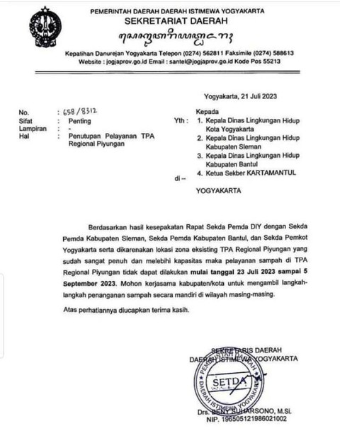 Surat edaran penutupan pelayanan TPA Regional Piyungan.   Foto: Dok. Istimewa