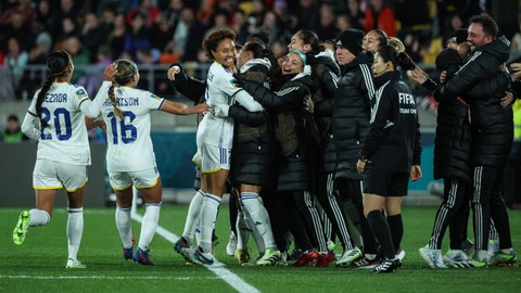 Penyerang Filipina Sarina Bolden merayakan gol pertama timnya dalam pertandingan sepak bola Grup A Piala Dunia Wanita Australia dan Selandia Baru 2023 antara Selandia Baru vs Filipina. Foto: Marty Melville / AFP