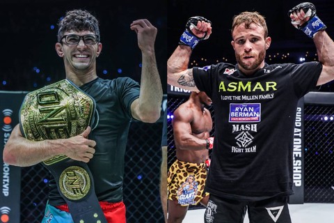 Mikey Musumeci (kiri) akan menghadapi tantangan Jarred Brooks dalam laga pertahanan gelar ONE Submission Grappling di ONE Fight Night 13 pada Sabtu (5/8/2023). Foto: ONE Championship