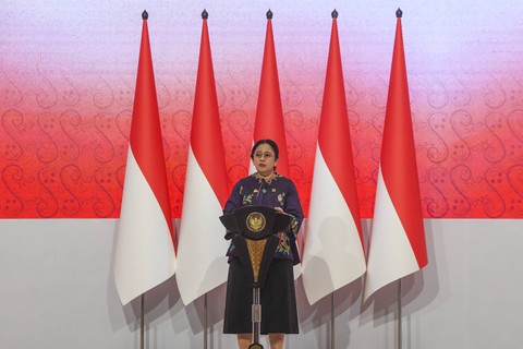 Ketua DPR yang juga ASEAN Inter-Parliamentary Assembly (AIPA) President Puan Maharani memberikan sambutan saat Sidang Umum Ke-44 ASEAN Interparlementary Assembly (AIPA) di Jakarta, Senin (7/8/2023) Foto: ANTARA FOTO/Galih Pradipta