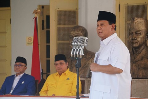 Ketua Umum Gerindra Prabowo Subianto memberikan sambutan di Museum Naskah Proklamasi, Menteng, Jakarta Pusat, Minggu (13/8/2023).  Foto: Iqbal Firdaus/kumparan