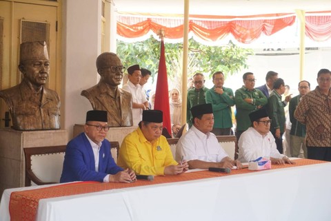 Deklarasi dukungan dari PAN, PKB, dan Golkar mendukung Prabowo Subianto menjadi Presiden di Museum Proklamasi, Jakarta, Minggu (13/8/2023). Foto: Iqbal Firdaus/kumparan