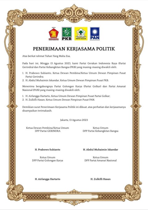 Piagam Deklarasi Dukungan ke Prabowo Subianto. Foto: Dok. Istimewa