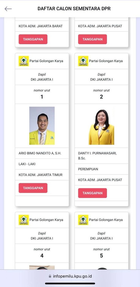 Sejumlah menteri pemerintahan Joko Widodo terdaftar di daftar calon sementara (DCS) KPU untuk pemilihan legislatif 2024 mendatang. Foto: infopemilu.kpu.go.id 