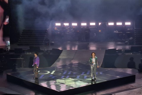 Donghae dan Eunhyuk Super Junior di 2023 D&E World Tour Fancon DElight Party, yang digelar di Tennis Indoor Senayan, Jakarta, Sabtu (26/8/2023).   Foto: Andari Novianti/kumparan