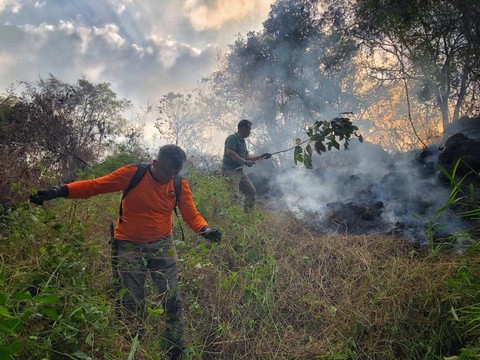 Petugas BPBD Kabupaten Kuningan dan Anggota MPA saat memadamkan api secara manual. (27/8/2023) Foto: Dok. Istimewa