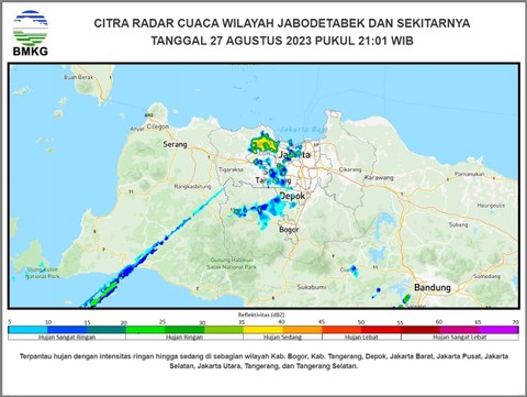 Citra radar cuaca memperlihatkan peringatan dini hujan di wilayah Jakarta dan sekitarnya.  Foto: Dok. BMKG