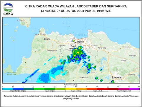 Citra radar cuaca memperlihatkan peringatan dini hujan di wilayah Jakarta dan sekitarnya. Foto: Dok. BMKG
