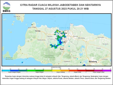 Citra radar cuaca memperlihatkan peringatan dini hujan di wilayah Jakarta dan sekitarnya.  Foto: Dok. BMKG