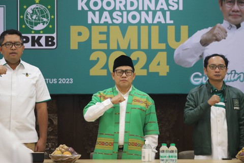Ketua Umum Partai Kebangkitan Bangsa (PKB) Muhaimin Iskandar atau Cak Imin (tengah) pada Pembukaan Rapat Koordinasi Nasional Pemilu 2024 di Kantor DPP PKB, Cikini, Jakarta, Senin (28/8/2023). Foto: Fitra Andrianto/kumparan