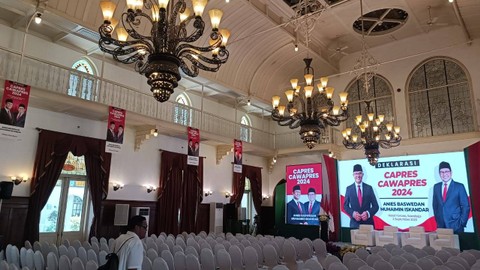 Suasana persiapan deklarasi Capres-cawapres Anies Baswedan dan Muhaimin Iskandar di Hotel Majapahit, Surabaya, Sabtu (2/9/2023). Foto: Farusma Okta Verdian/kumparan