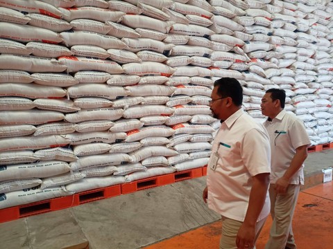 Plt Pemimpin Perum Bulog Kanwil Lampung saat meninjau stok beras di gudang Bulog di Campang Raya, Bandar Lampung. | Foto : Galih Prihantoro/ Lampung Geh