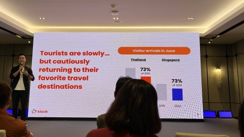 CEO Klook, Ethan Lin saat memaparkan survei Travel Pulse di Chatrium Hotel Riverside Bangkok, Thailand pada Kamis (7/9). Foto: Gitario Vista Inasis/kumparan