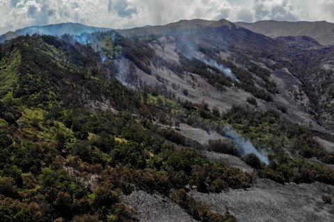 Api membakar hutan dan lahan (karhutla) di kawasan Gunung Bromo terlihat dari Pos Jemplang, Malang, Jawa Timur, Selasa (12/9/2023).  Foto: Muhammad Mada/ANTARA FOTO