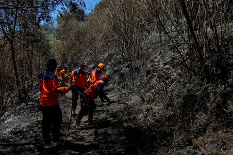 Petugas memadamkan sisa kebakaran hutan dan lahan (Karhutla) kawasan Gunung Bromo, Malang, Jawa Timur, Selasa (12/9/2023). Foto: Muhammad Mada/ANTARA FOTO