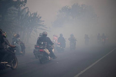 Sejumlah pengendara melintas di Jalan Lintas Palembang-Indralaya yang tertutup kabut asap di Desa Sungai Rambutan, Indralaya Utara, Ogan Ilir (OI), Sumatera Selatan, Rabu (13/9/2023). Foto: Nova Wahyudi/ANTARA FOTO