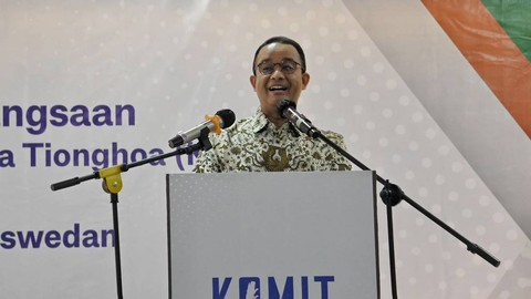 Bacapres Anies Baswedan memberikan sambutan saat menghadiri acara silaturahmi dengan Komunitas Masyarakat Indonesia Tionghoa (KOMIT) pada Jumat (15/9). Foto: Dok. Istimewa