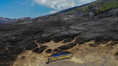 Foto udara kondisi lahan pasca kebakaran di kawasan Gunung Bromo, Probolinggo, Jawa Timur, Jumat (15/9). Foto: ANTARA FOTO/Muhammad Mada