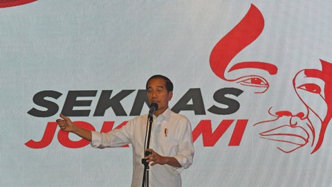 Presiden Joko Widodo menyampaikan sambutan saat pembukaan Rapat Kerja Nsional (Rakernas) Sekretariat Nasional (Seknas) Jokowi di Kota Bogor, Jawa Barat, Sabtu (16/9/2023). Foto: ANTARA FOTO/Arif Firmansyah