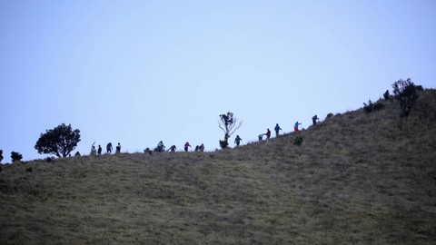 Pendaki melintasi sabana gunung Merbabu via Suwanting, Minggu (10/9/2023). Foto: Aditia Noviansyah/kumparan