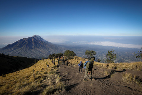 Pendaki melintasi sabana gunung Merbabu via Suwanting, Minggu (10/9). Foto: Aditia Noviansyah/kumparan