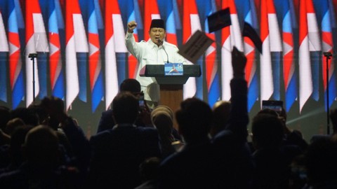 Bacapres Koalisi Indonesia Maju Prabowo Subianto menyampaikan pidato pada Rapimnas Partai Demokrat di JCC Senayan, Jakarta, Kamis (21/9/2023). Foto: Iqbal Firdaus/kumparan