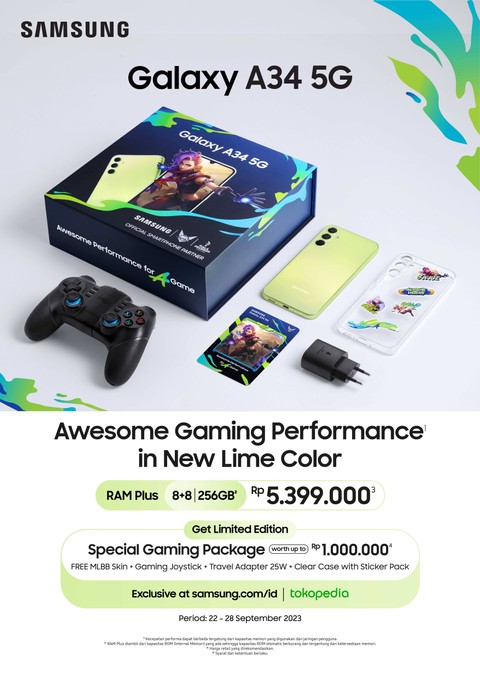 Paket gaming Samsung Galaxy A34 warna Awesome Lime. Foto: Samsung