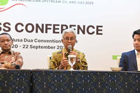 Kepala SKK Migas Dwi Soetjipto dalam konferensi pers di  4th International Convention on Indonesian Upstream Oil and Gas (ICIUOG) 2023, di Nusa Dua, Bali, Rabu (20/9/2023). Dok SKK Migas
