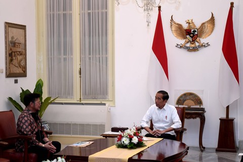 Presiden Joko Widodo (kanan) menerima mantan Menteri Pertanian Syahrul Yasin Limpo di Istana Merdeka, Jakarta, Minggu (8/10/2023). Foto: Sigid Kurniawan/Antara Foto