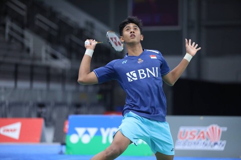 Tunggal putra Indonesia, Alwi Farhan, saat beraksi di semifinal World Junior Championships 2023 di The Podium, Spokane, Amerika Serikat, pada Minggu (8/10). Foto: PBSI