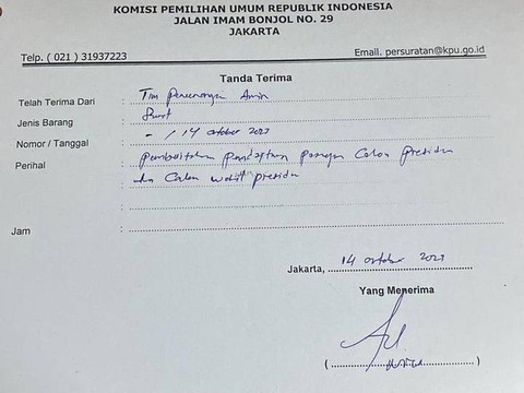 Bukti penerimaan surat pemberitahuan pendaftaran pasangan Anies-Muhaimin ke KPU, pada Sabtu (14/10/2023). Foto: Dok. Istimewa