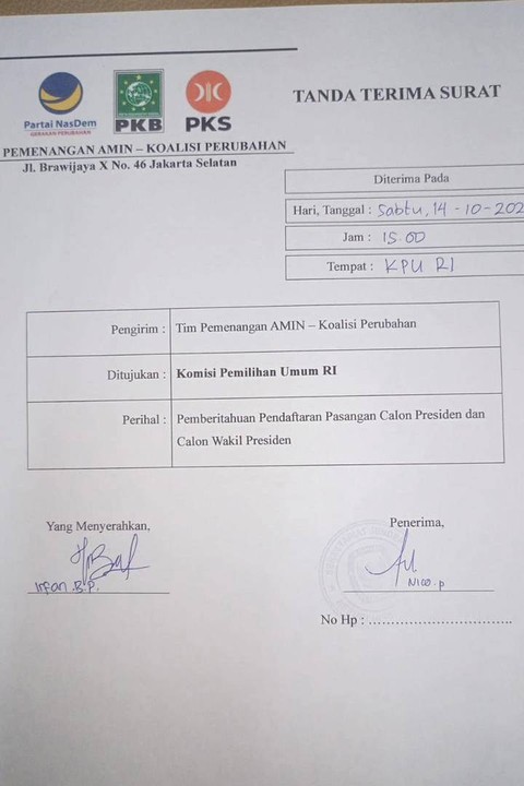 Bukti penerimaan surat pemberitahuan pendaftaran pasangan Anies-Muhaimin ke KPU, pada Sabtu (14/10/2023). Foto: Dok. Istimewa