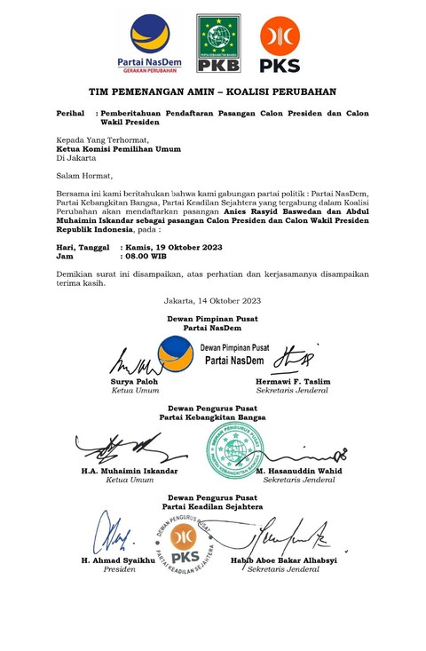 Bukti penerimaan surat pemberitahuan pendaftaran pasangan Bacapres dan Bacawapres Anies-Muhaimin ke KPU, pada Sabtu (14/10/2023). Foto: Dok. Istimewa