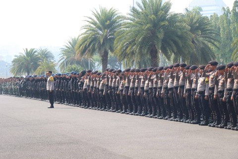 Apel pengamanan demo mahasiswa di Patung Kuda, Jumat (20/10) siang. Foto: dok: Polres Jakarta Pusat
