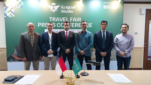 Konferensi pers Saudia Airlines Travel Fair 2023. Foto: Gitario Vista Inasis/kumparan