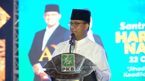 Calon Presiden Koalisi Perubahan Anies Baswedan memberikan sambutan saat peringatan Hari Santri Nasional 2023 di Lapangan Butuh, Tegalrejo, Magelang, Jateng, Minggu (22/10/2023). Foto: Youtube/Muhaimin Iskandar