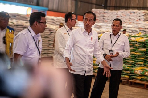 Presiden Joko Widodo didampingi Dirut Perum Bulog Budi Waseso meninjau ketersediaan beras di Gudang Bulog Sukamaju milik Perum Bulog Divisi Regional Sumsel dan Babel di Palembang, Sumatera Selatan, Kamis (26/10/2023).  Foto: Nova Wahyudi/ANTARA FOTO