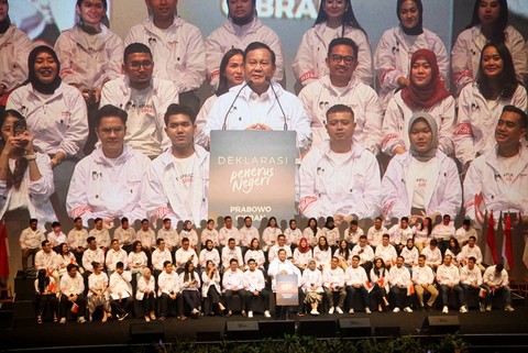 Calon Presiden dari Koalisi Indonesia Maju, Prabowo Subianto, memberikan sambutan dalam acara Deklarasi Penerus Negeri di Djakarta Theater XXI, Jakarta, Sabtu (28/10/2023). Foto: Iqbal Firdaus/kumparan