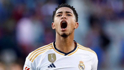 Selebrasi Jude Bellingham saat FC Barcelona vs Real Madrid di Stadion Olimpic Lluis Companys, Barcelona, Spanyol, Sabtu (28/10/2023). Foto: REUTERS/Albert Gea