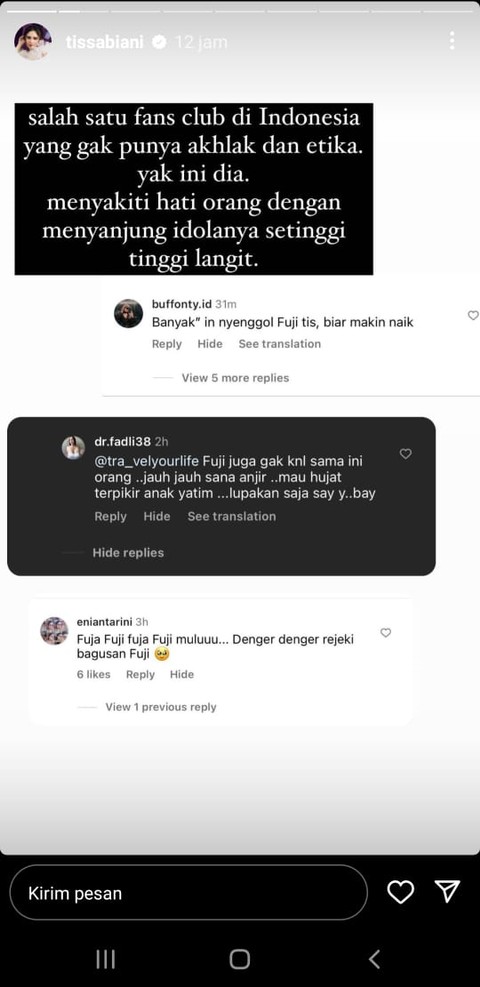 Unggahan Instagram story Tissa Biani. Foto: Instagram @tissabiani