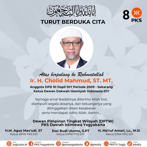 Ucapan duka cita atas meninggalnya Anggota DPD RI dari Dapil DIY Cholid Mahmud. Foto: Dok. Istimewa