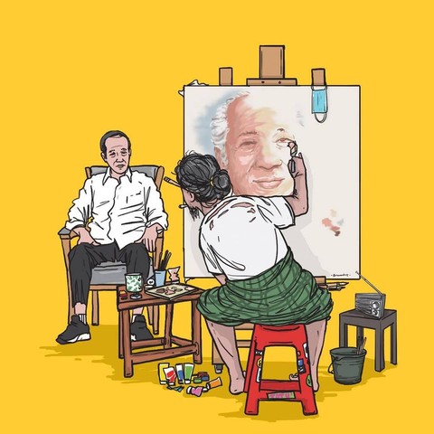 Unggahan konten Instagram memperlihatkan sosok manusia tengah melukis figur mirip Presiden Jokowi menjadi wajah menyerupai Soeharto. Foto: Instagram.com/brambotkusuma
