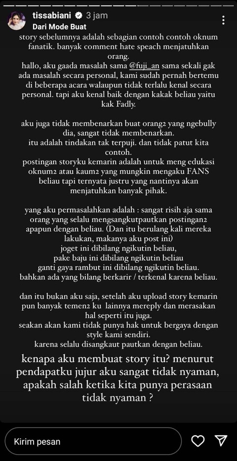 Klrifikasi Tissa Biani usai tegur fans Fuji. Foto: Instagram @tissabiani