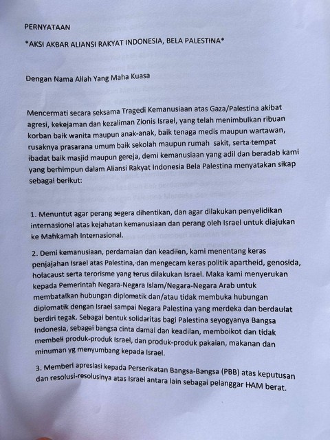 Pernyataan sikap aksi bela Palestina. Foto: Dok. Istimewa